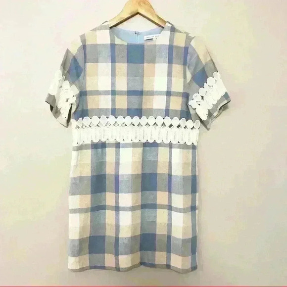 English Factory Plaid Lace Detail Dress Sz S Blue - Picture 1 of 7